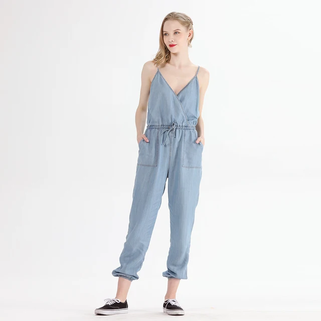 

Amazon Ladies Sleeveless V Neck Blue Summer Casual Workout Sexy Denim Jumpsuits Women