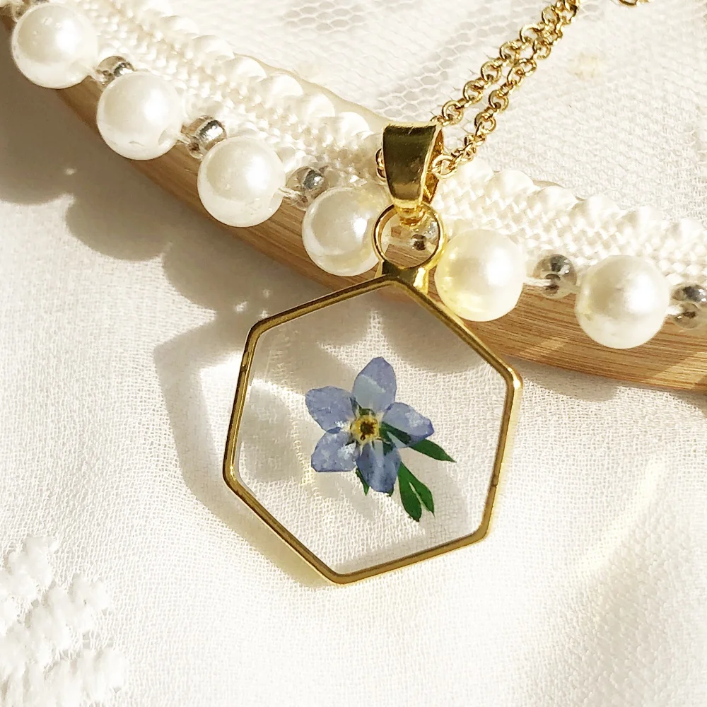 

Rose gold Cottagecore Plant Jewelry Resin forget me not Hexagon necklace