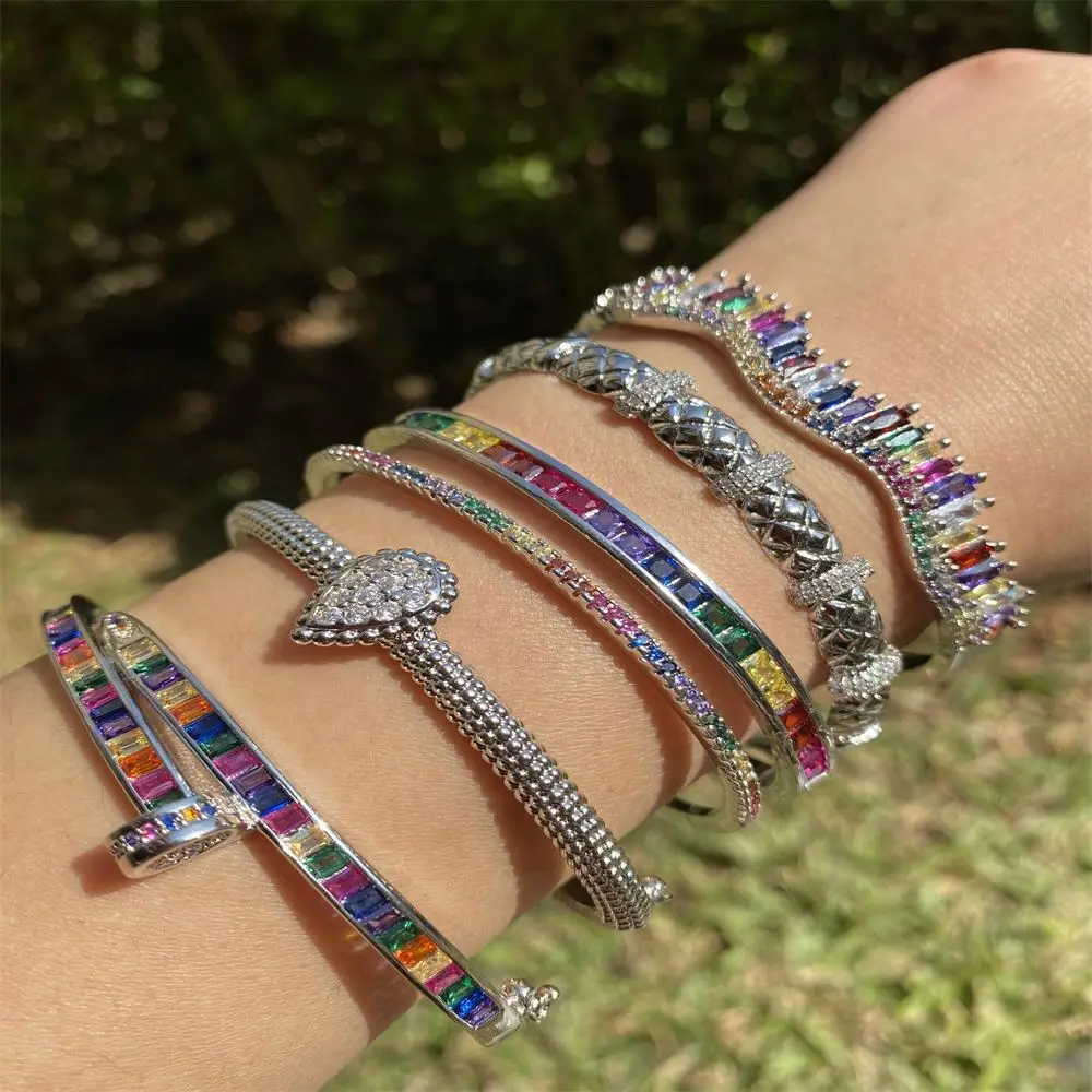 

2021 Colorful Fashion Micro Insert Charm Women Gold Plated Handmade Cz Pave Diamond Bracelet Bangle Gold Bangle Set, Silver