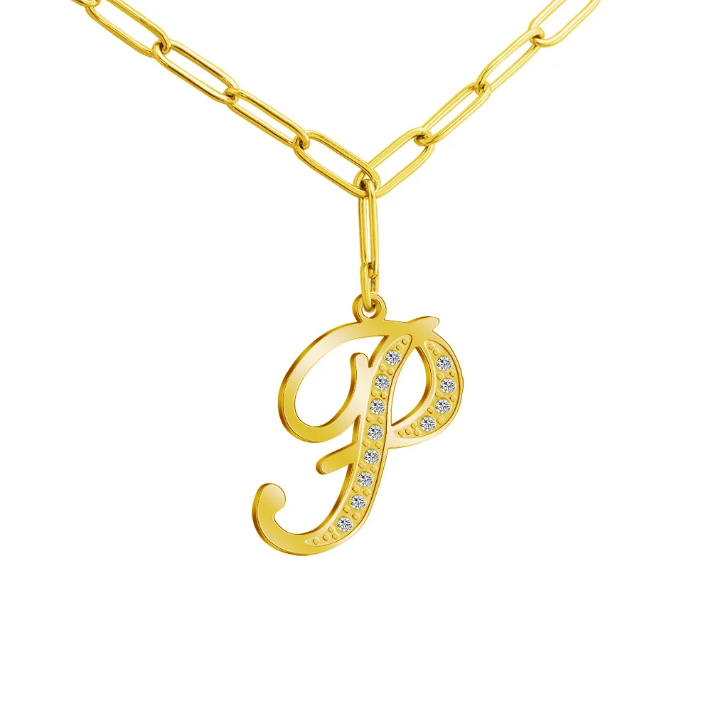 

RFJEWEL 2021 New Gold Color Initial Alphabet P diamond Pendant Necklace Fashion Stainless Steel Chain Necklace Women Jewelry