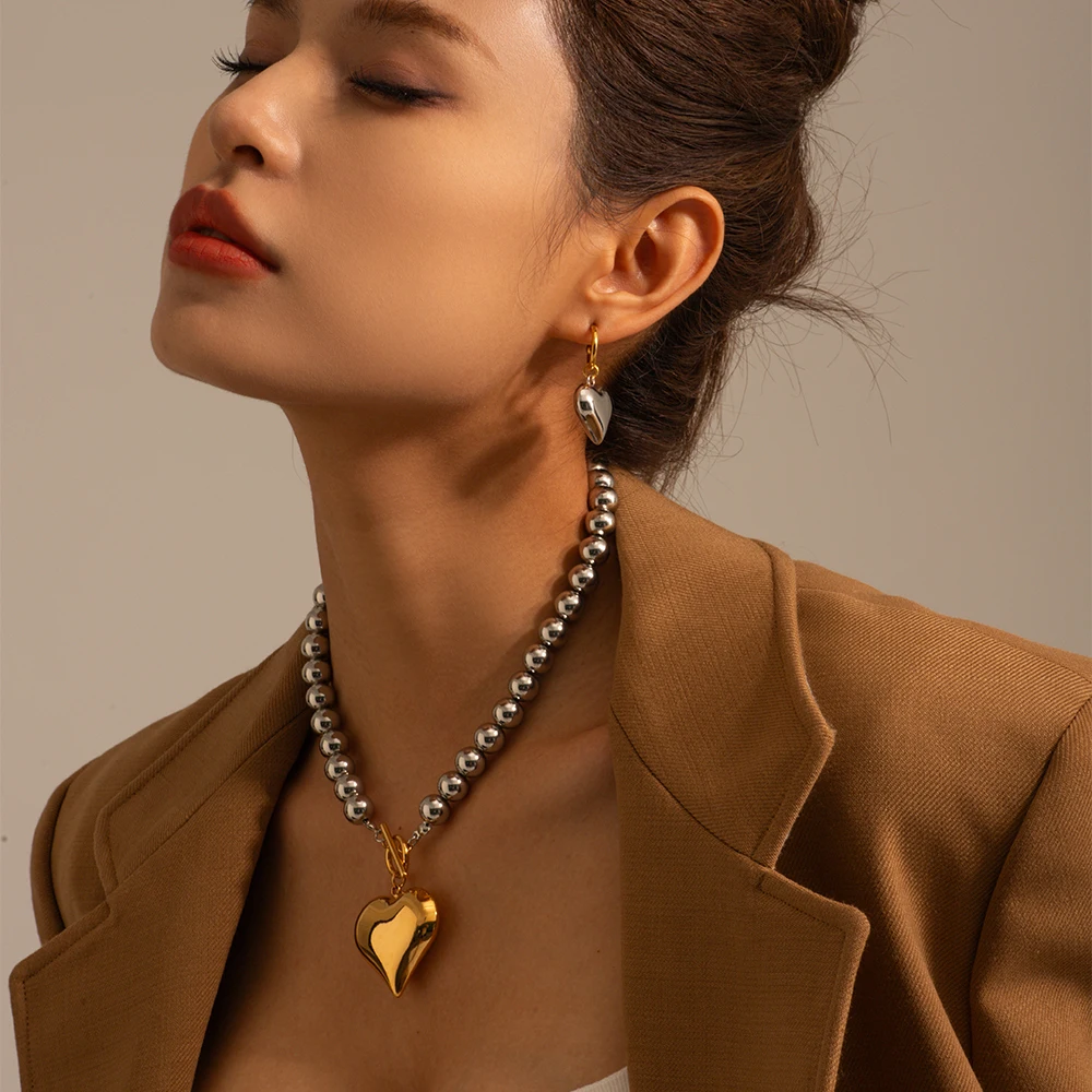 

J&D Waterproof 18k Gold Plated Stainless Steel Round Bead Jewelry Gift T Bar Chunky Heart Love Necklace