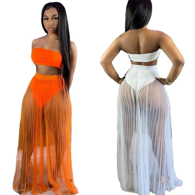 

2021 Summer Sexy Mesh Pleated Skirt Wrapped Breast Top Three-piece Women's Elegant Casual Dresses, Black,white,pink,orange