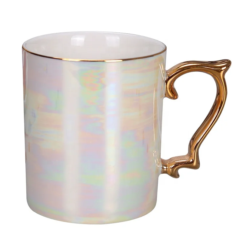 

New Design Pearl Glaze Ceramic Coffee Mug With Gold Handle, 4 design