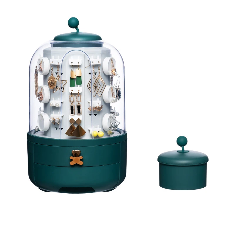 

Jewelry Organizer with Small Jewelry Storage Box Earring Holder for Women Rotating Travel Jewelry Tray Case with Lid, White/green