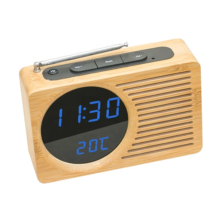 

Home decor portable Bamboo wooden Red LED digital alarm clock FM radio
