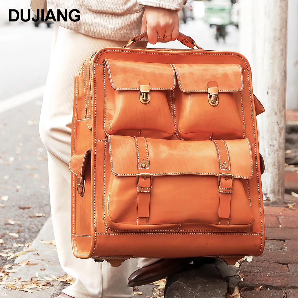 

DUJIANG Vintage genuine Leather Travel Duffel Bags Travel Bags Luggage Bag Travel Luggage Suitcase, Red-brown