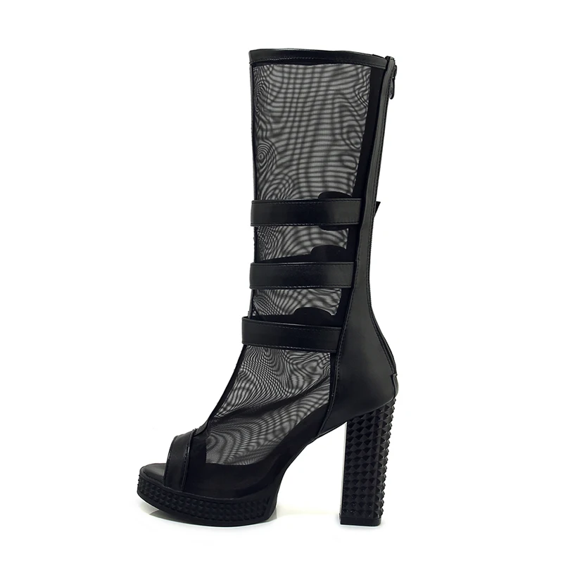 

Mesh High Heel Gladiator Sandals Platform and Chunky Heel Shoes White Black Half boots Summer, Black white