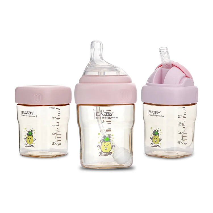 

Hands free anti colic OEM PPSU square Baby straw bottle drinking water milk self feeding feeder nipple bottles with holder