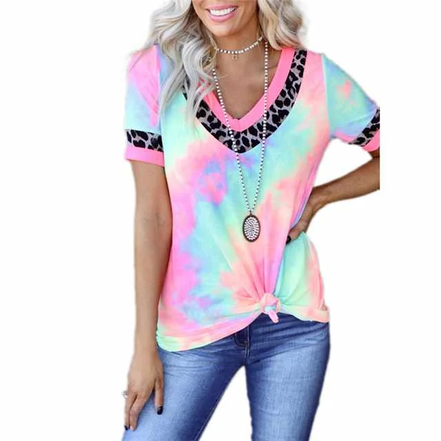 

Summer Tie-dye Printed Short Sleeve V-neck Casual T-shirt For Women, Picture color
