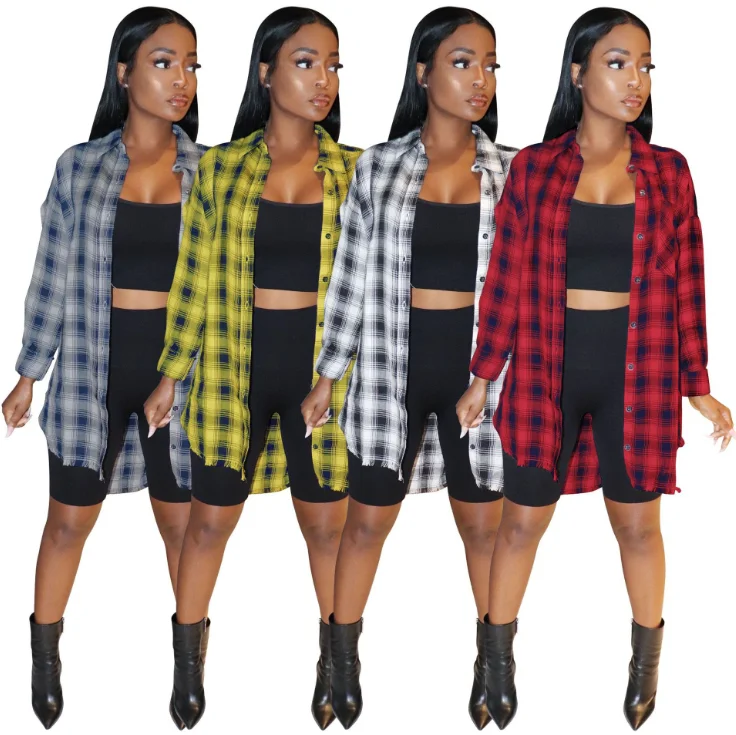 

ORG0368 casual tassel long plaid shirt coat midi oversized long sleeve t shirt blouse women, Black,gray,yellow,red