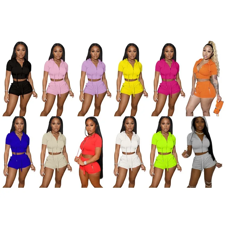 

Sport Ladies Two Piece Outfits Hoodie Shorts Summer Fitness Women Clothing 2 Piece Set, Picture shown