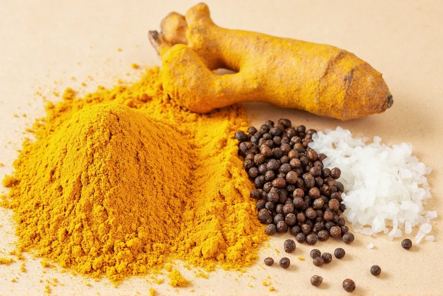 Turmeric powder next to fresh turmeric root, black pepper, and coconut oil showing optimal absorption combination