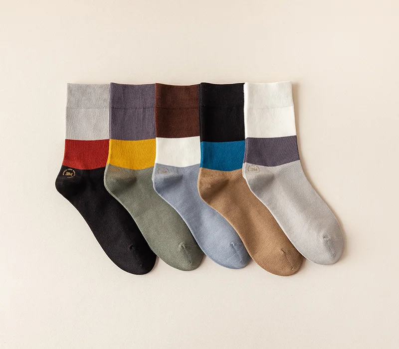 

Color Block Patchwork Design Combed Cotton Breathable Crew Socks Men for Casual Business, 5 designs