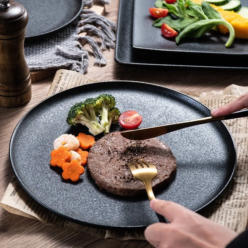 

Arabic Western simple style tableware Black Frosted dinner steaks Plate salad Bowl Dish server Dinnerware Sets for daily-use