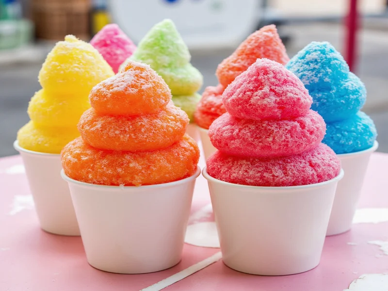 Colorful homemade snow cones with various syrup flavors
