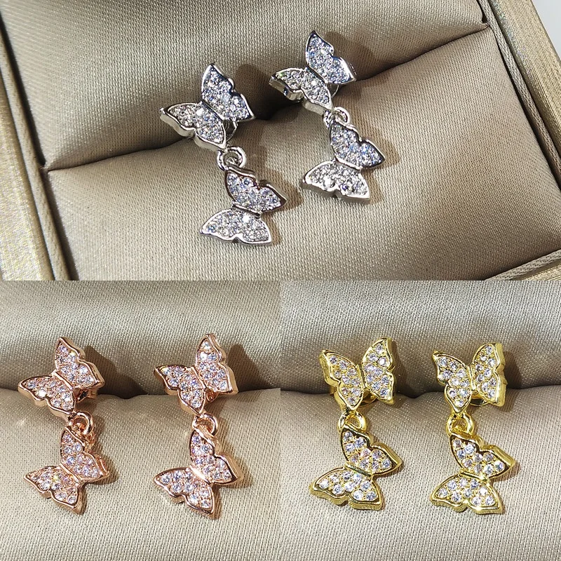 

New Fashion Jewelry Butterfly Shine Crystal Zircon Pendant Earrings Women Exquisite Iced Out Gold Silver Color Drop Earring Stud, Silver rose gold