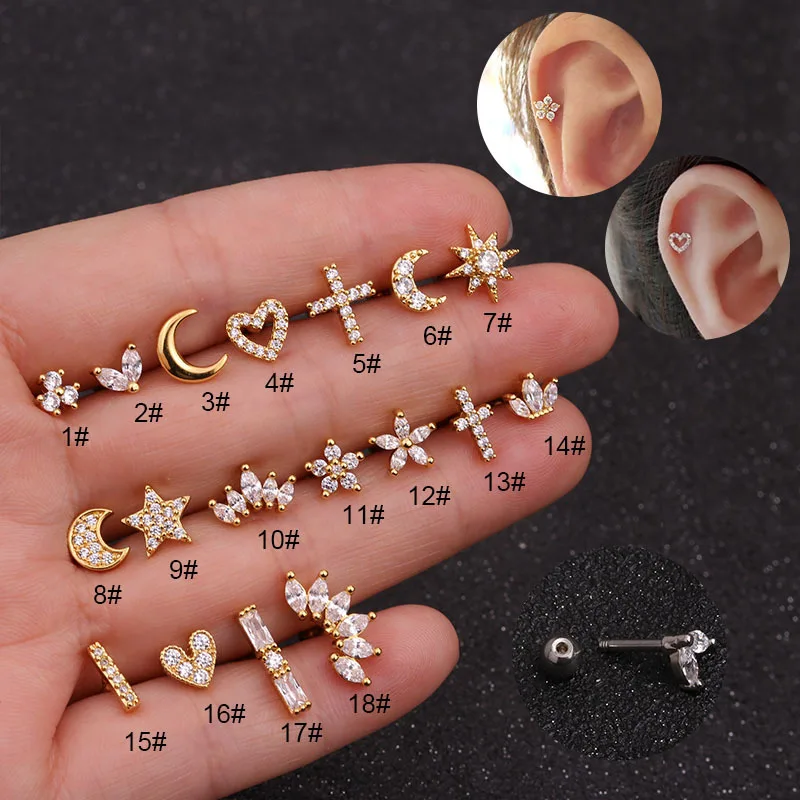 

Wholesale Stainless Steel Ball Gold Plated Cubic Zirconia Cartilage Earrings Star Moon Cross Stud Earrings, Picture