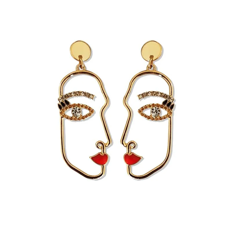 

European Style Simple Gold Plated Statement Face Drop Earrings Punk Oil Dripping Face Gemstones Enamel Earrings For Women
