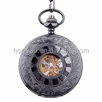 

WAH176 Antique Black Engraved Case Mechanical Roman Numeral Pocket Watch