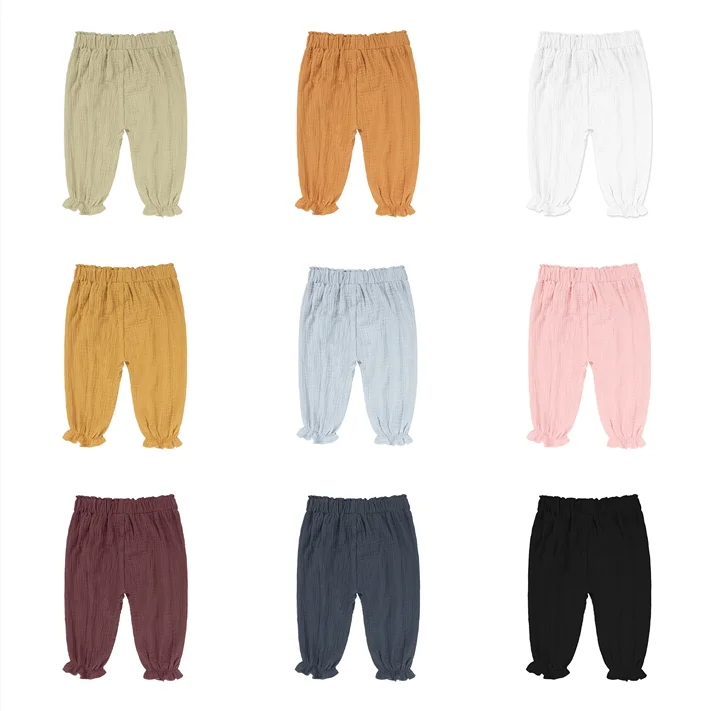 

2021 Cotton linen knickerbockers boys girls wooden edge trousers spring summer children kids wear for hot selling, As pic shows, we can according to your request also