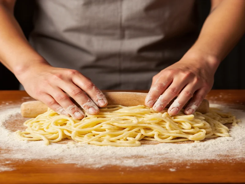 Hand rolling fresh noodle dough on wooden table