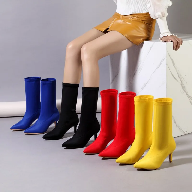 

2022 new pointed toe suede candy-colored high-heeled boots set feet solid color long boots stiletto multicolor ankle boots, Customized color