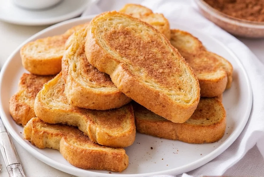Perfectly golden cinnamon sugar toast on white plate with cinnamon stick and sugar sprinkle