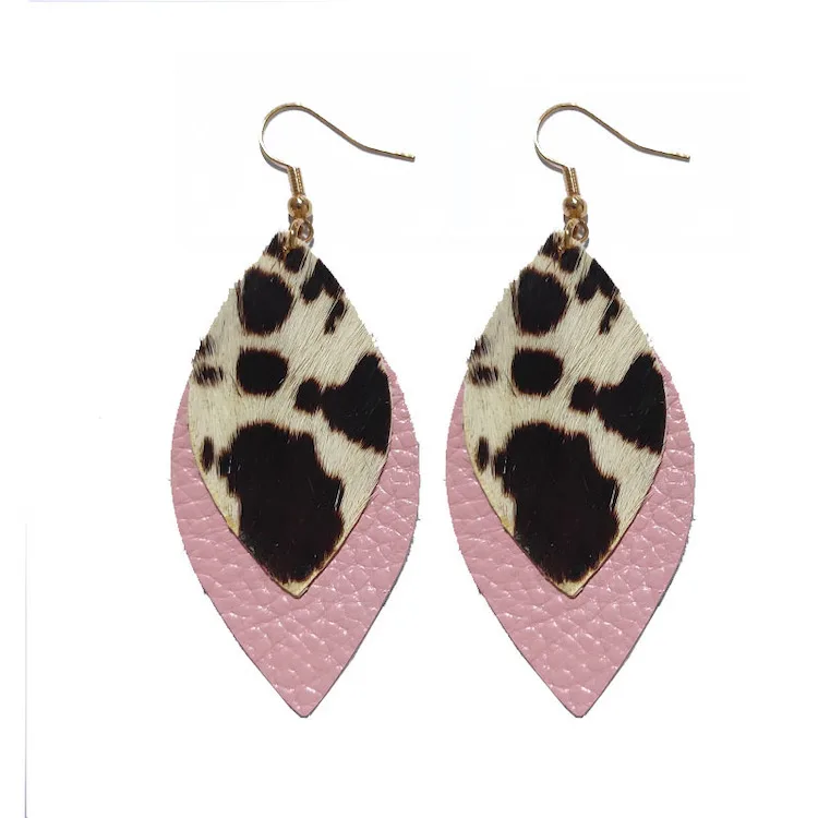 

2021 double leaf earrings amazon fashion waterdrop cow leather earrings, Animal printed as picture