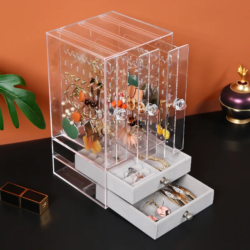 

N1595 Acrylic Jewelry Storage Plastic Leather Drawer Display Box Earrings Storage Case Showcase Display Jewelry Ring Jewelry Box