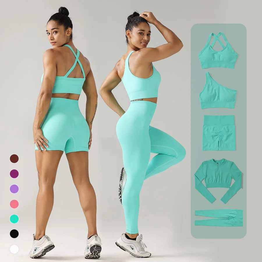 2023 Custom 5 Pieces Seamless Sportswear Active Wear Female Gym Workout Clothing Women Fitness Yoga Sets