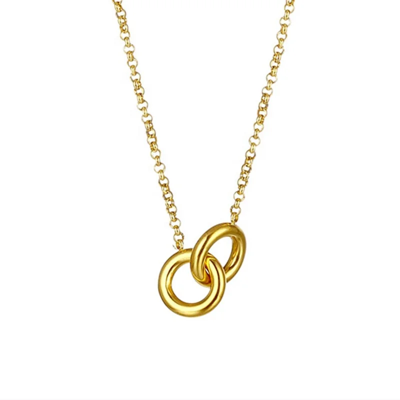 

MICCI Wholesale Custom Female PVD 18K Gold Plated Stainless Steel Double Interlocking Geometric Circle Two Ring Necklace