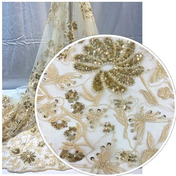 

Luxury Heavy Beaded Lace Fabric Sequin Embroidery Mesh Fabric for Dress, Multicolor