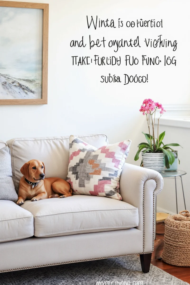 A modern living room with a built-in dog bed under a sofa, neutral tones, and pet-friendly textures.
