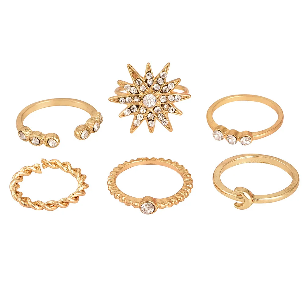 

New style Full diamond star moon gold finger ring set female