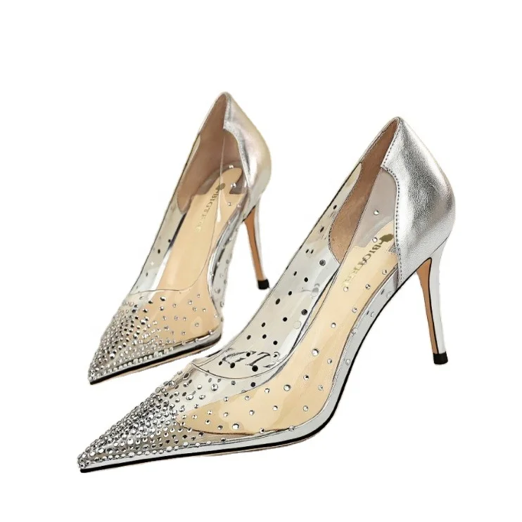 

iHeeled Shoes women new arrivals PVC transparent rhinestone decoration pointed toe lady pumps slip on female footwear, Black, gold,silver,champagne