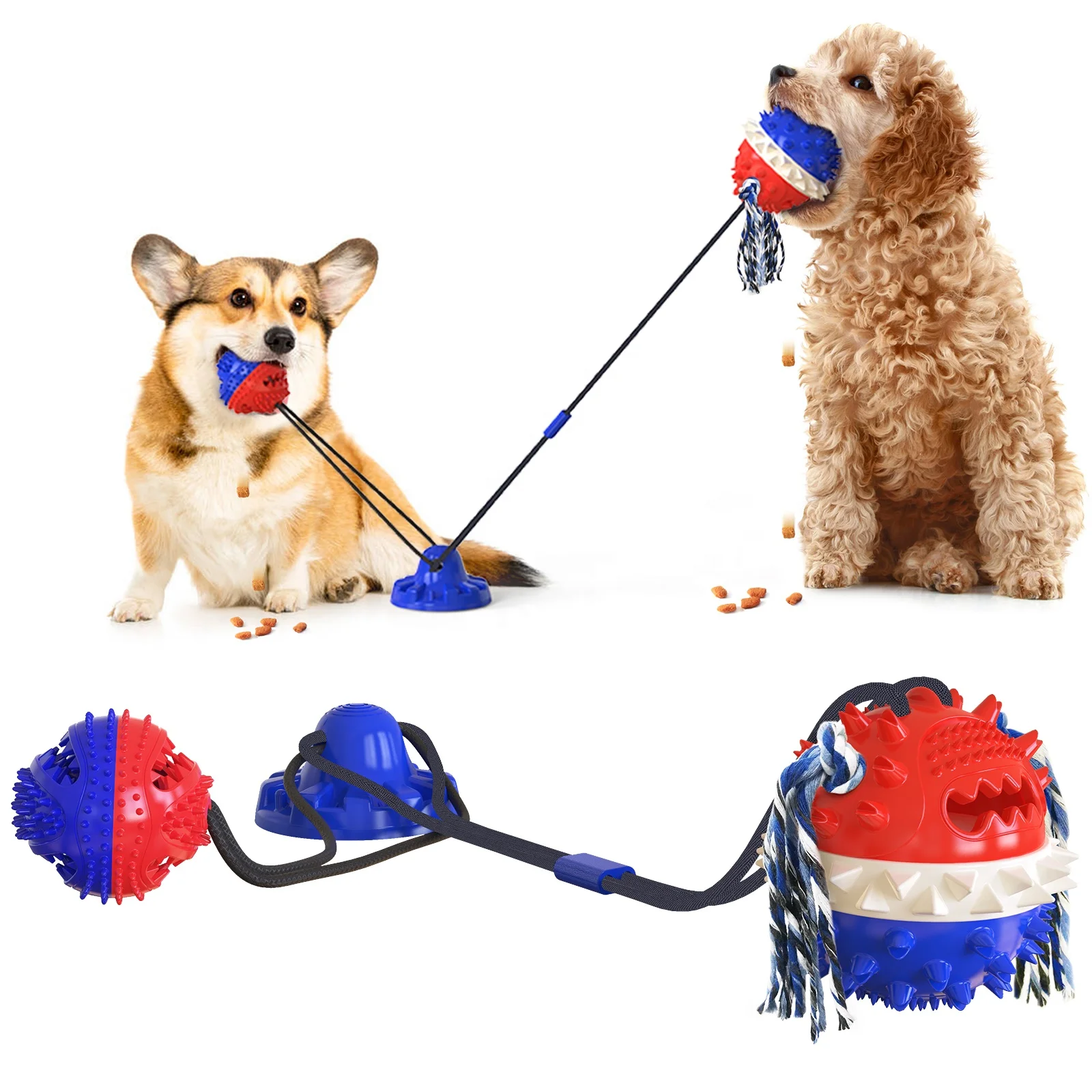 

Secure upgraded tug sucker pet supplies puppy food dispensing molar ball interactive pull rope wholesale dog toy funny dog toys, Yellow, d/blue,blue