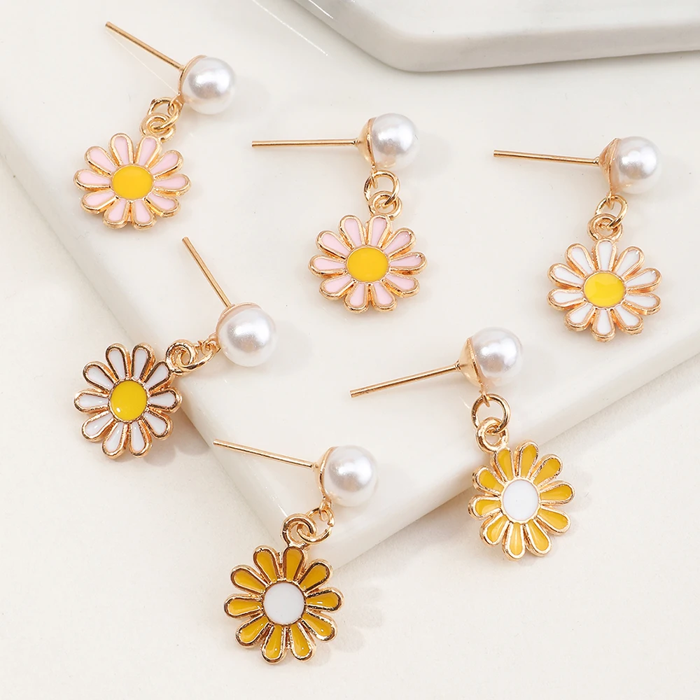 

3pcs/set Wholesale Fashion Colourful Gold Plated Pearl Earring Flower Daisy Earrings Gold For Girls