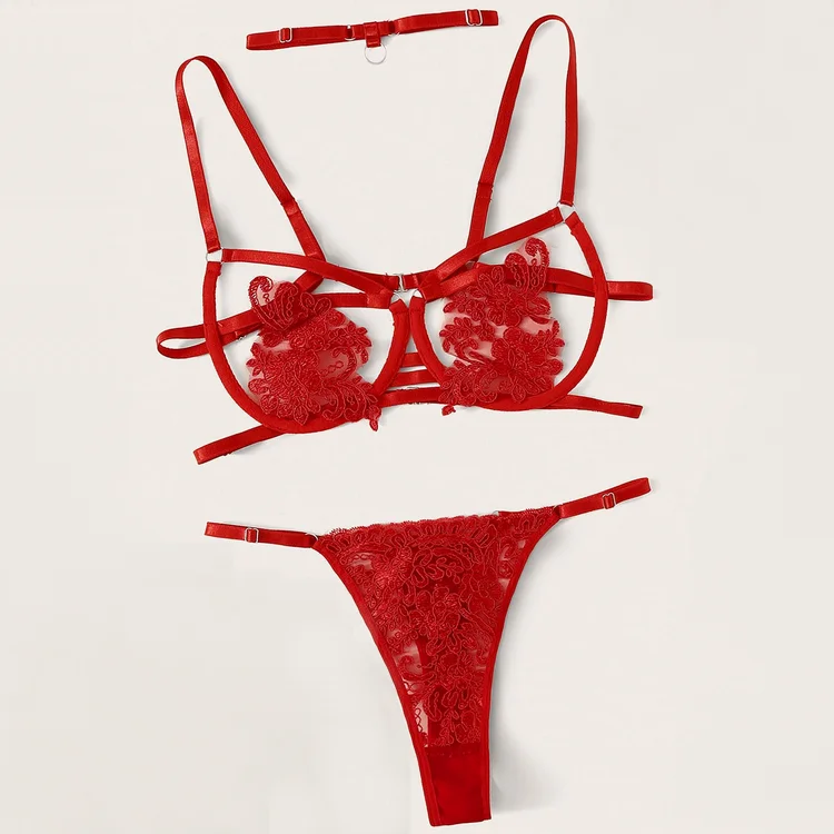 

Factory direct sales New Design Women Sexy bra brief sets Appliques transparent bra panty, Red