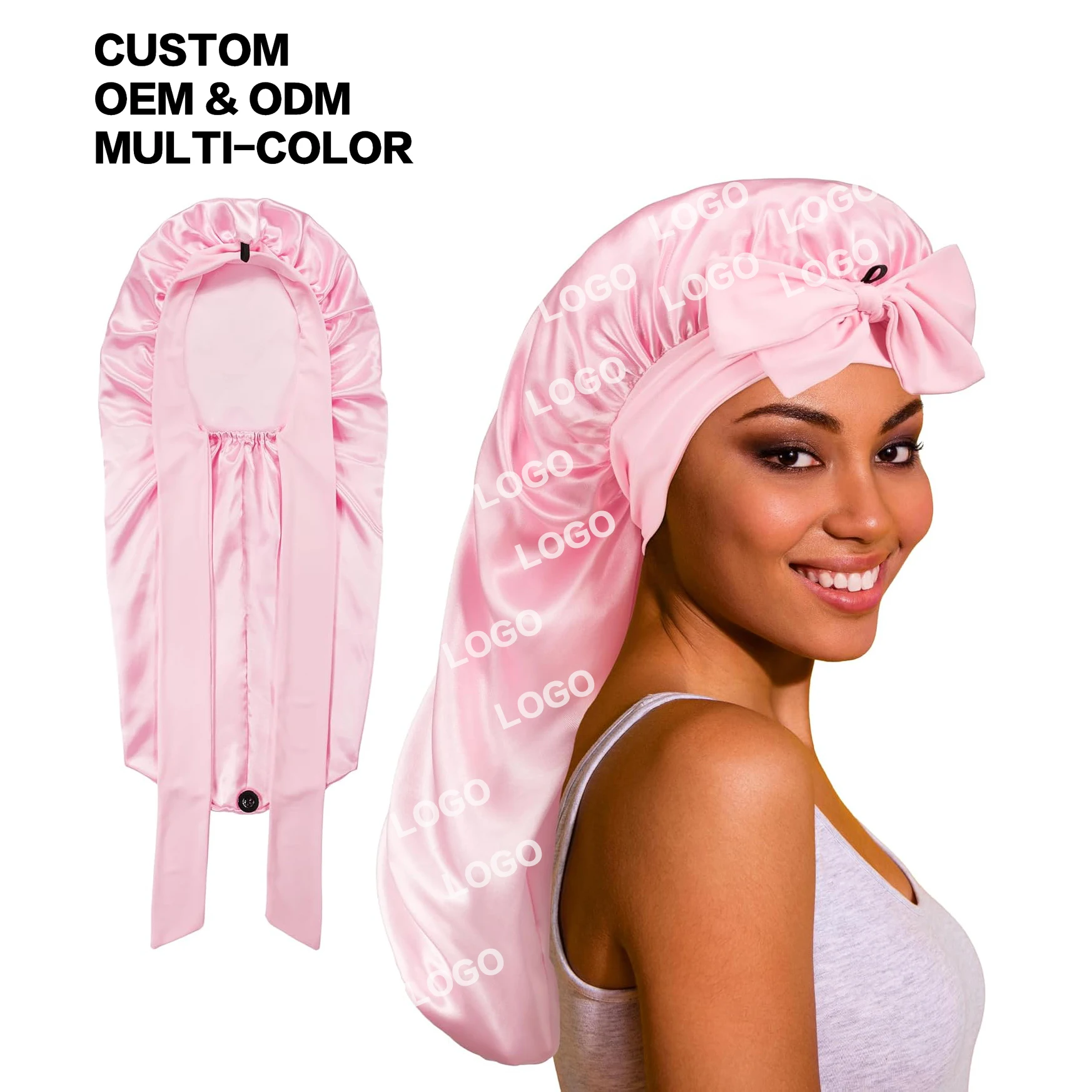 Custom Logo Satin Hair Silk Bonnet for Sleeping Women with Tie Band Long Bonnet Sleep Cap for Braids Curly Hair