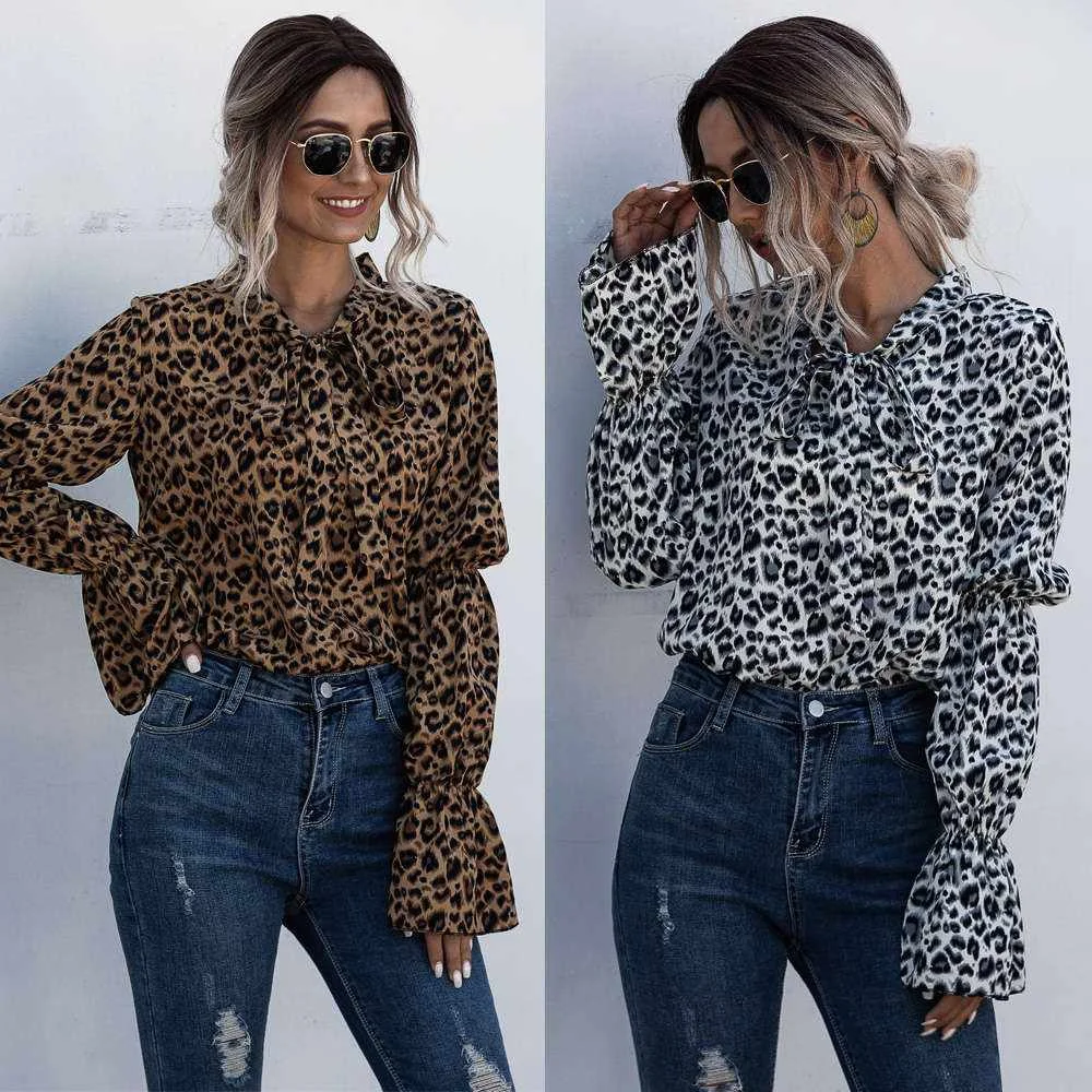 

Women's Fashion Tops Spring Hot Sale Leopard Print Lace Lantern Sleeve Blouse, Picture showed