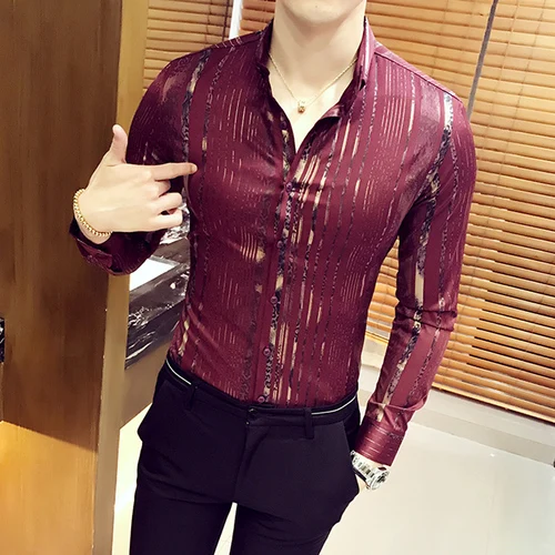 Luxury Gold Shirt Men 2018 New Long Sleeve Black White Navy Red Party Club Sexy Night club Bar Stage Clothing Male Shirt