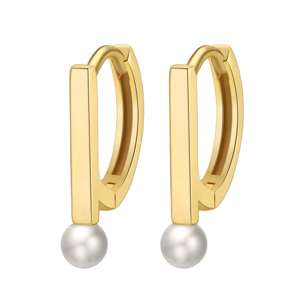 Wholesale Fashion Jewelry 925 Sterling Silver Geometry Natural Freshwater Pearl Gold Plated Hoop Earring Jewelry for Women