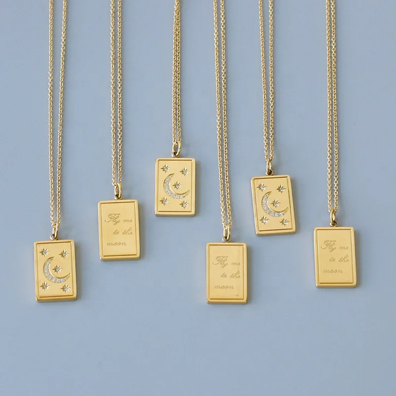 

Gold plated moon and star rectangle inlay zircon stainless steel titanium pendant necklace for women jewelry