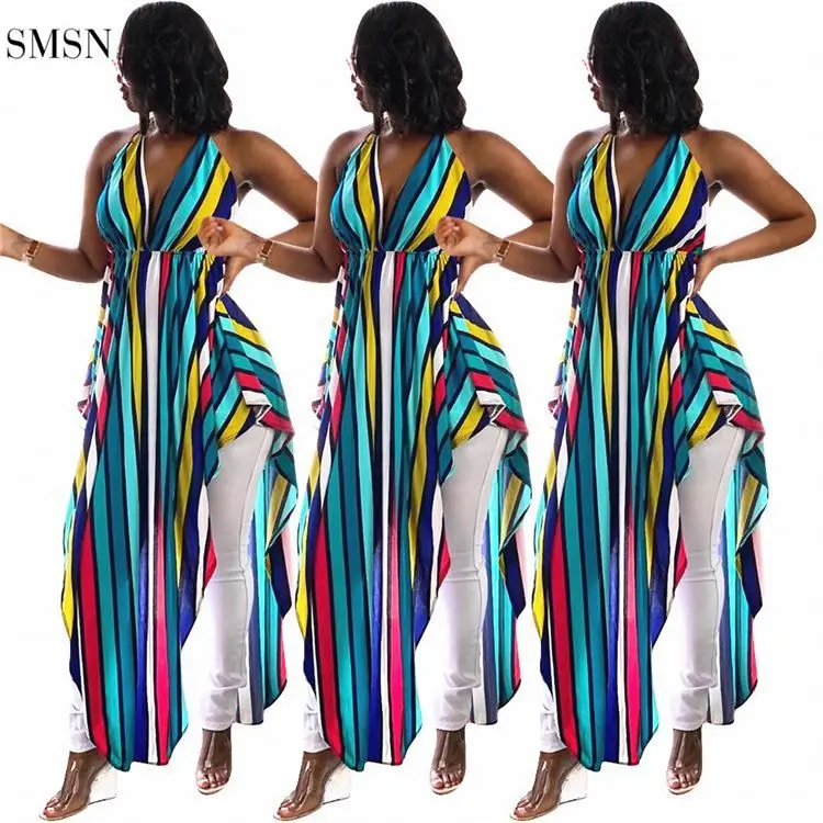 

TINA High Quality Stripe Print Irregular Backless Stylish Sexy Sling Dress Cocktail Dresses