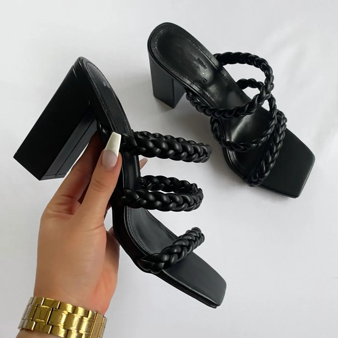 

Dropshipping sandals women 11 CM square toe high heel slippers square toe block heel PU slip on heeled sandals, Beige