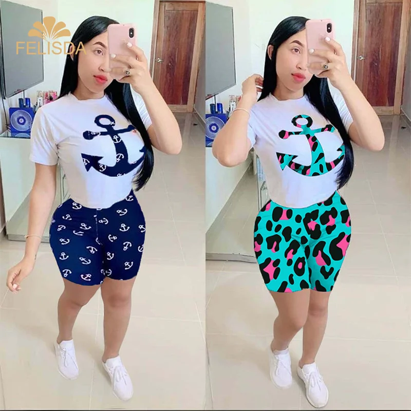 

FELISDA Print Summer Women Short Sleeve O-Neck T-shirts Top Pencil Shorts Suits Sports Tracksuit Two Piece Set Women Clothing