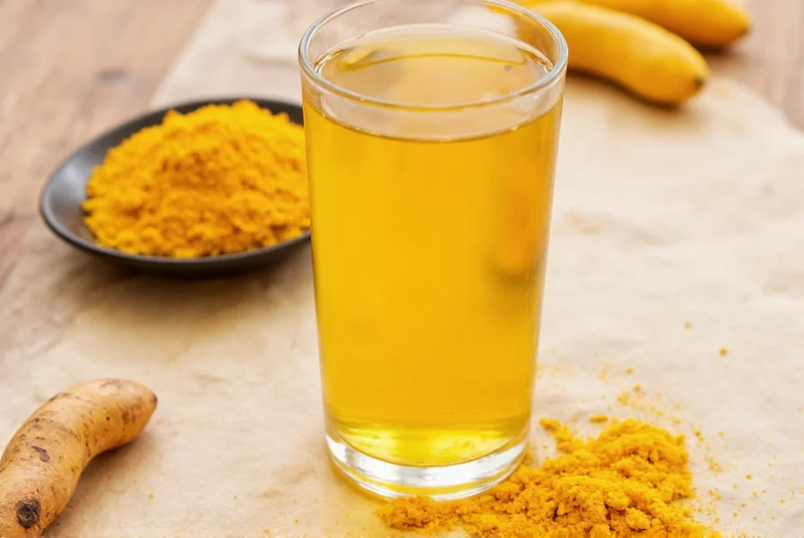 Turmeric water preparation showing golden-colored beverage in glass with fresh turmeric root