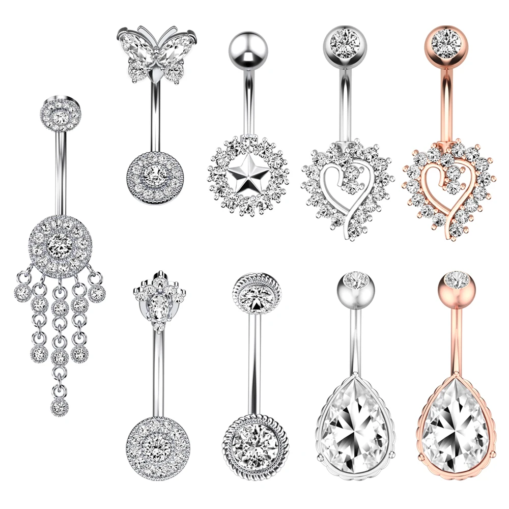 

7Pcs/Set 2020 Sexy Navel Ring CZ Flower Button Ring Stainless Steel 14G Butterfly Navel Rings Woman Body Piercing Jewelry