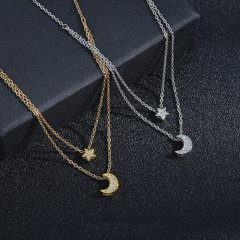 

Delicate AAA zircon layered brass 18K gold plated star lunar moon pendant necklace for women jewelry, Gold/silver