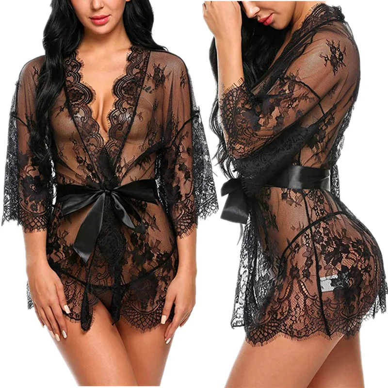 

Lingerie For Women Plus Size Long Lace Kimono Dress Nightgown Set Mesh Chemise Cover ups